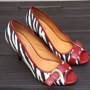 Zebra print open toe heels size 9 satin